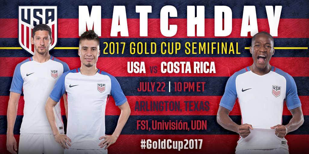 USMNT's tweet photo. A semifinal matchup worthy of a final. It's matchday in Texas!

#️⃣ #USAvCRC
⏰ 10:00 p.m. ET
📺 FS1, Univision, UDN
📰 https://t.co/jX0E4RwuUR https://t.co/SauJMLYM5t