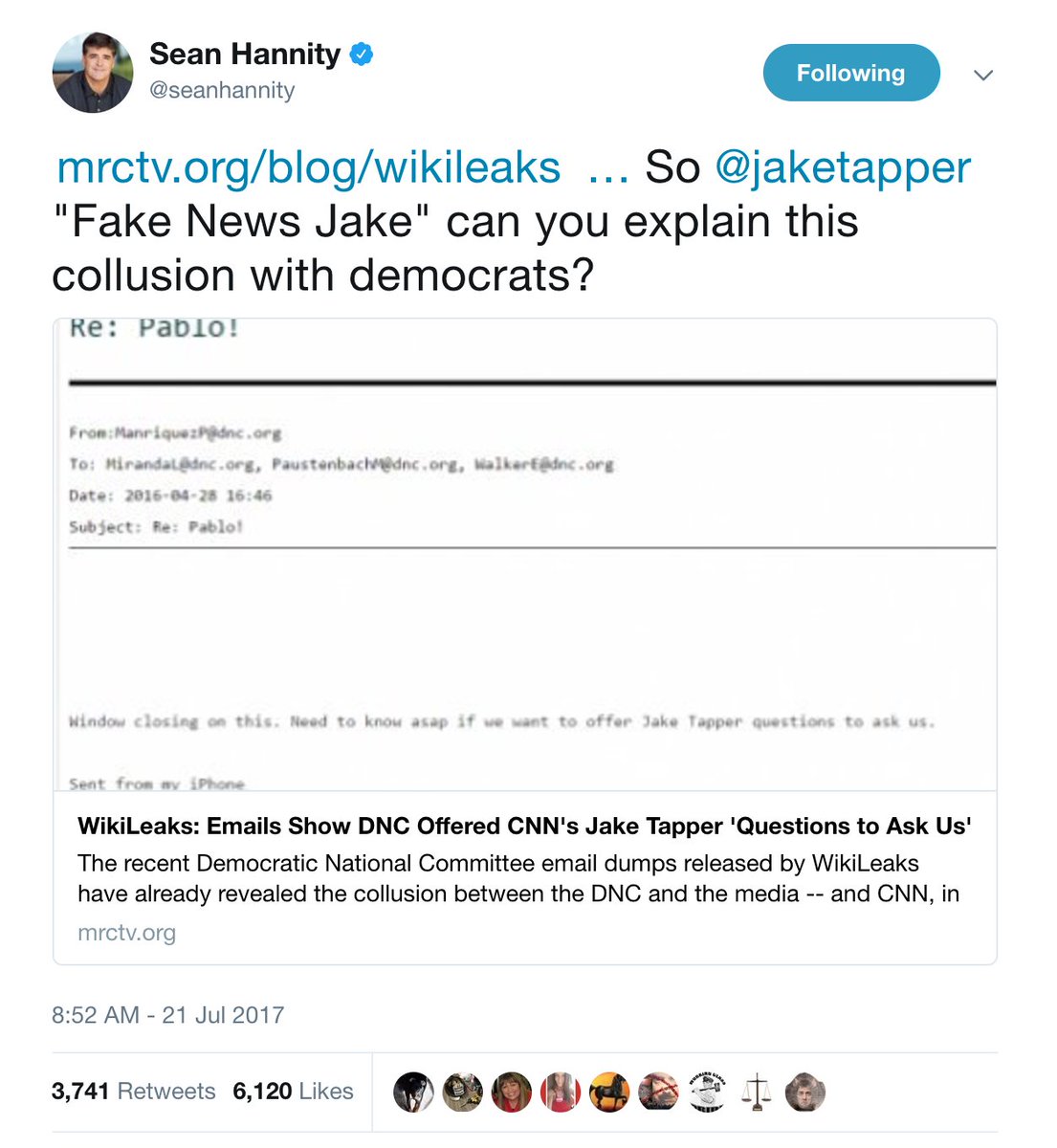 KamVTV's tweet photo. CNN upset that @seanhannity has exclusive interview with Sean Spicer right now LIVE. WELL, Jake Tapper gets his "news" from @DNC. https://t.co/696leWujSf