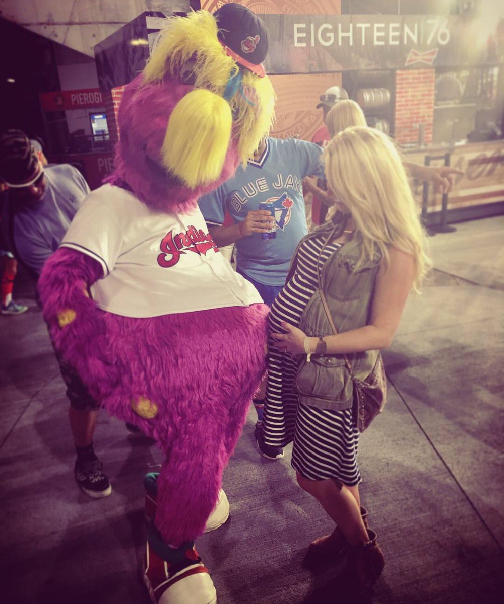 abbeycleland's tweet photo. Bump-to-bump with my fave @MLB mascot, @SliderTheMascot . Thanks for the fun victory, @Indians . Go Tribe. #rolltribe https://t.co/2bwKqDbxJZ