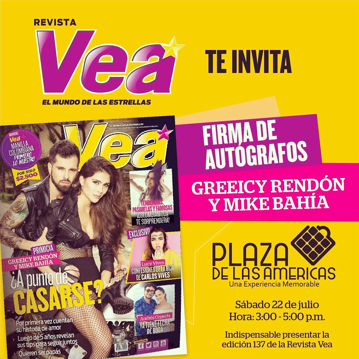 MikeBahiaPAR's tweet photo. Sáb 22 de jul en @PlazadlAmericas comparte una tarde de fotos, música y autógrafos con @Greeicy_rendon y @MikeBahia gracias a @LaRevistaVEA https://t.co/cIswilZZyq