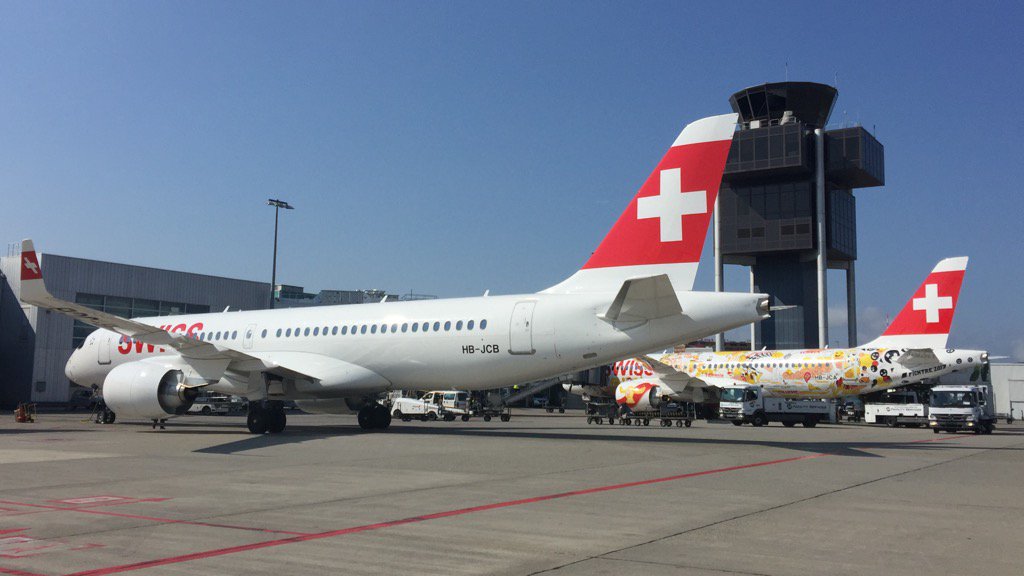followdpts's tweet photo. Both Swiss Bombardier CS300 side by side in Geneva this morning https://t.co/91HfMlYyQH