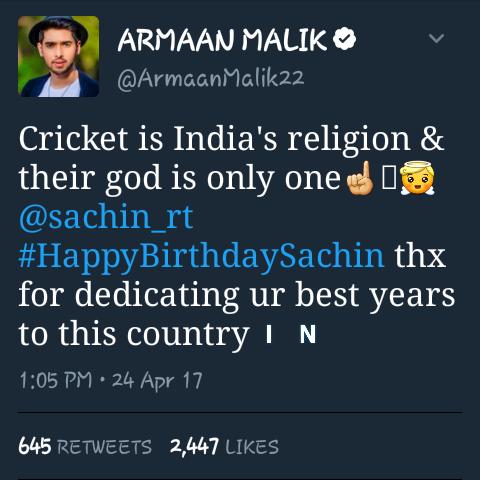 Happy Birthday  (My Fav Singer After Arjith Singh)

Here Is Armaan\s message During Sachin Bday 