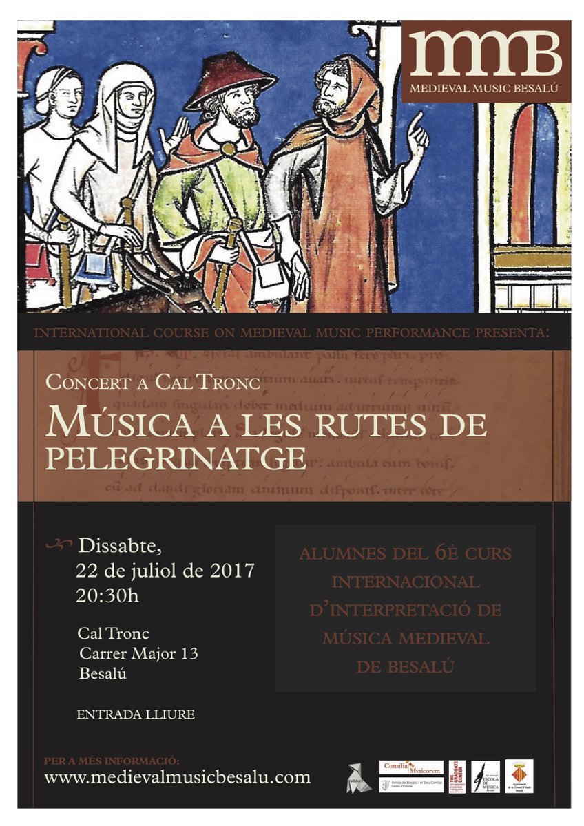 AVUI Concert "Música a les rutes de pelegrinatge" Alumnes Curs Internacional de Música Medieval de #Besalú Entrada lliure, 20:30h Cal Tronc
