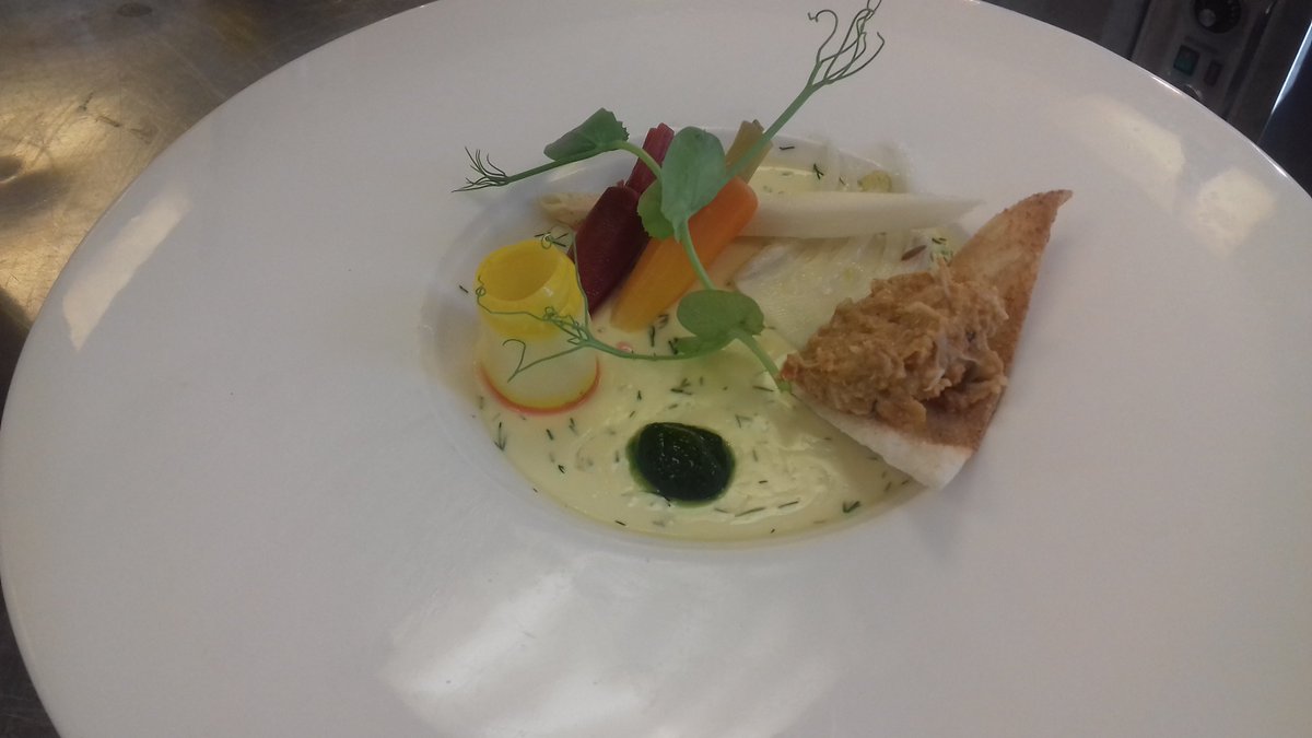 Crab panna cotta, pickled veg, watercress puree, brown crab toast