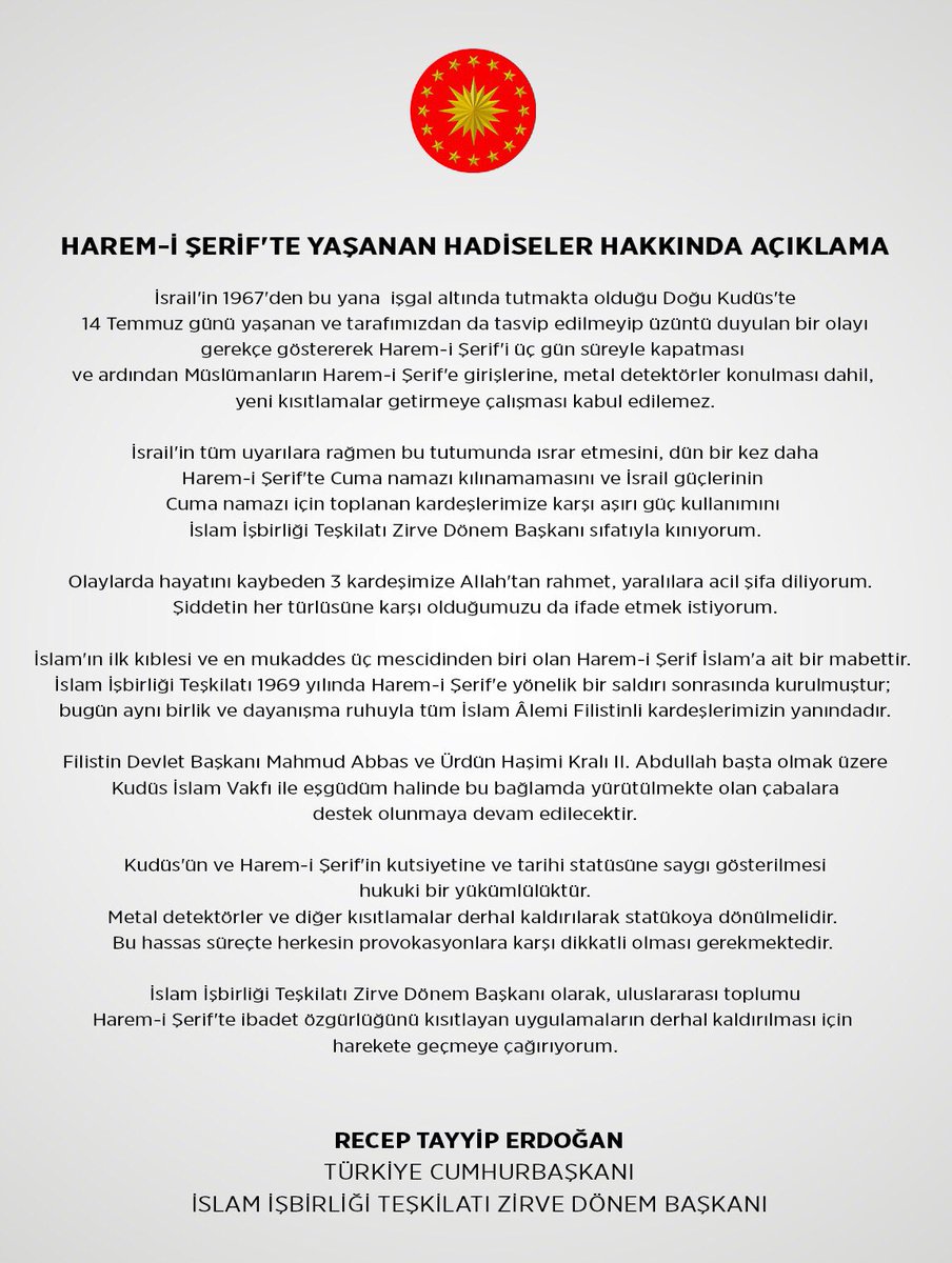 Cumhurbaşkanımız Recep Tayyip Erdoğan'ın Harem-i Şerif'teki hadiselere ilişkin açıklaması ve uluslararası topluma çağrısı.