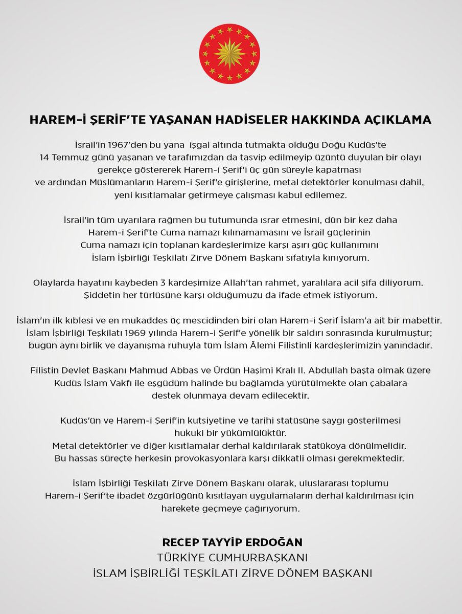 "Harem-i Şerif'in Kutsiyetine Saygı Gösterilmesi Hukuki Bir Yükümlülüktür" tccb.gov.tr/haberler/410/7…