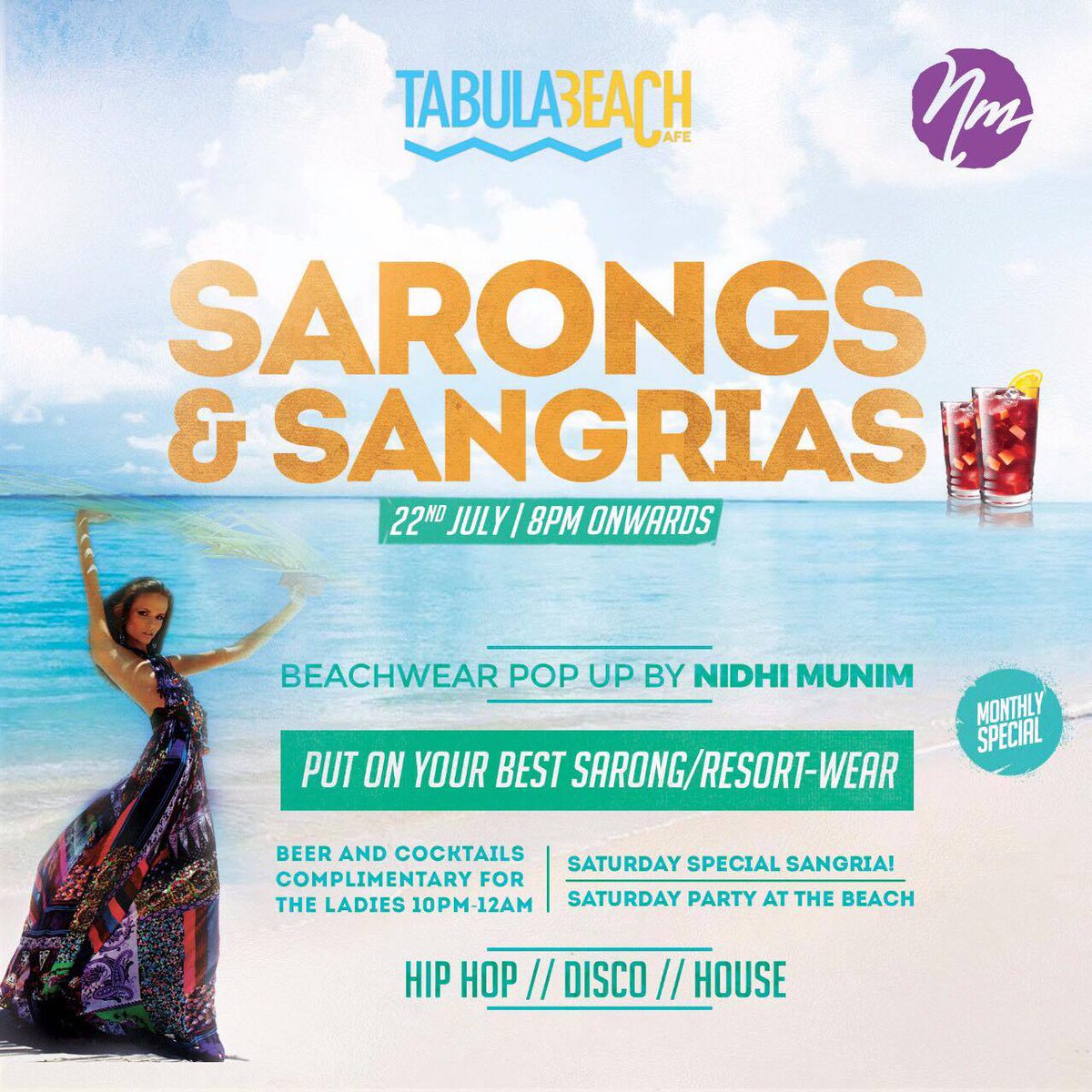 house_of_nm's tweet photo. Grab your #sarongs and sip on a potent #Sangria at our #popup at #TabulaBeach in #NewDelhi tonight. 
Great deals on our #swimwear https://t.co/y9xppskYPi