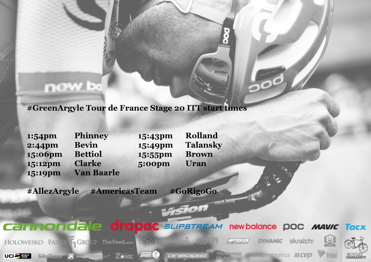EFprocycling's tweet photo. Start times for the #GreenArgyle #TDF2017 nine in Marseille this afternoon. Can we get a #GoRigoGo?! 💨 🤞🏼 🇨🇴 https://t.co/8Dq5HLzUxF
