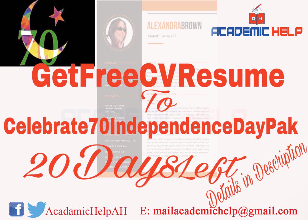 TheAcademicHlp's tweet photo. 20DaysLeft #GetFreeCVResume to #Celebrate70IndependenceDayPak 
Email your latest CV or your brief profile. https://t.co/2eOUWVrzJQ