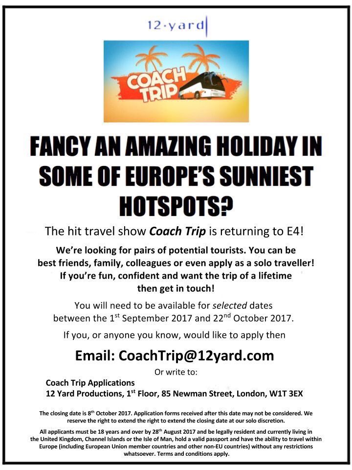 OfficialCastMe's tweet image. Coach Trip is back and looking for outgoing travellers to join Brendan for the trip of a lifetime! Email coachtrip@12yard.com now to apply!