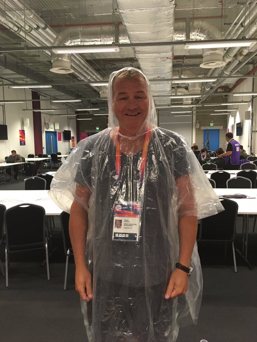 PearceIntSport's tweet photo. Rainy day? Not a problem! Thanks, Cavan Pawson for the modeling skills @London2017 #London2017 #PressOperations @ParaAthletics #PhotoManager https://t.co/9eK85njpK1