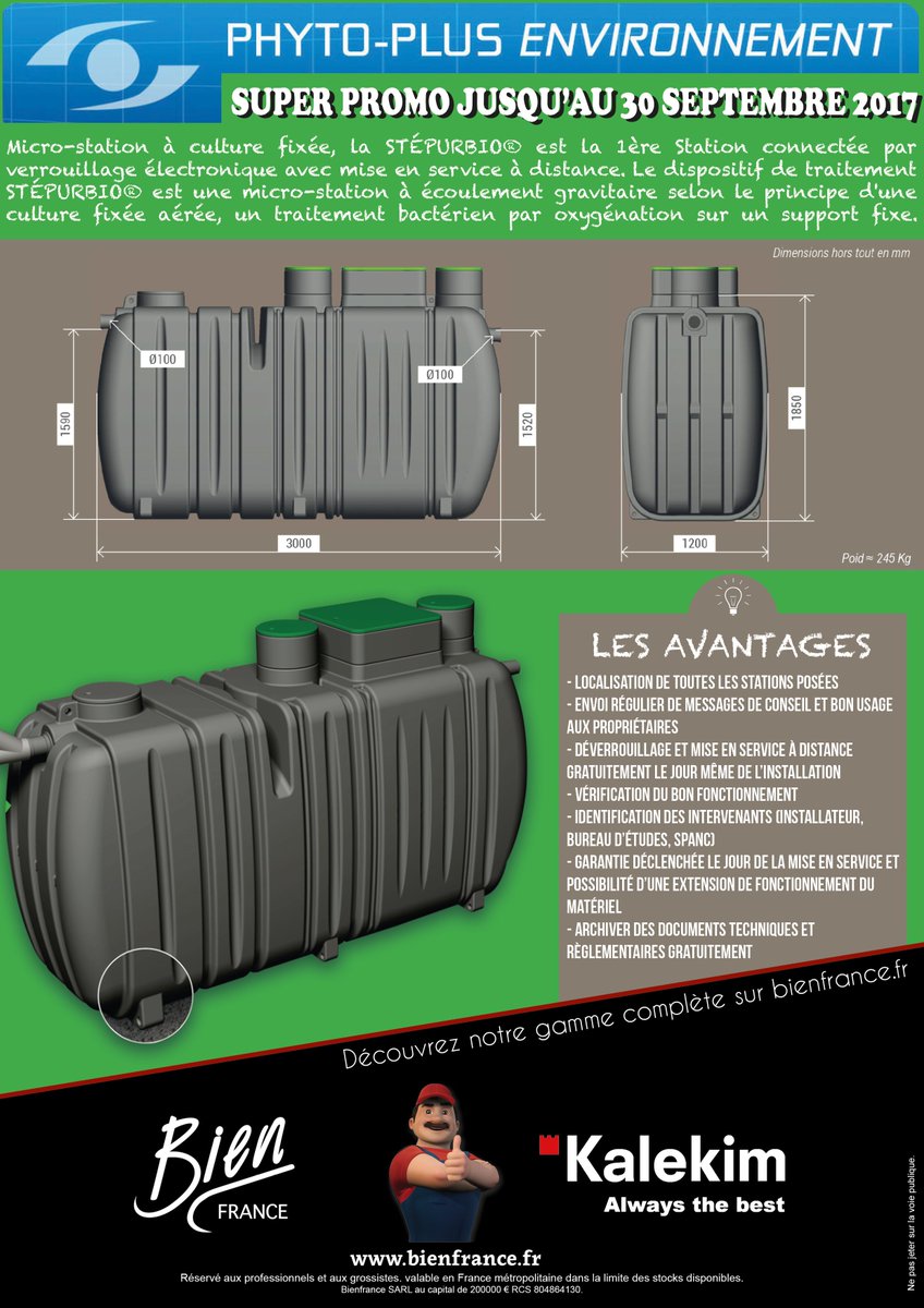 Bien_France's tweet photo. Super promo à découvrir jusqu'au 30 septembre 2017 sur la micro-station STÉPURBIO® de la marque Phyto-plus environnement. https://t.co/V6iNJTBYAs