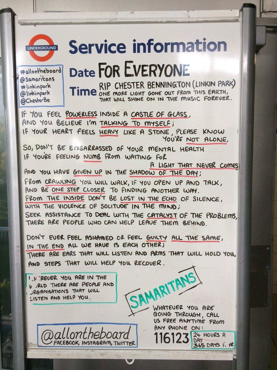 derekwalmsley's tweet photo. I don't know Linkin Park, but this at Stratford station via @allontheboard is exceptionally moving. Well done @TfL https://t.co/JovGO2rTu6