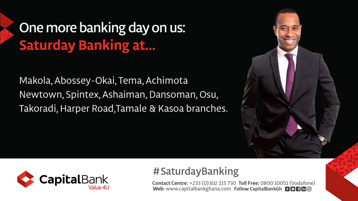 GCBBankPLC's tweet photo. We are open for #SaturdayBanking till 2pm. Pay your bills, make deposits, money transfers or open an account to join the #V12Promo. https://t.co/36h2w0rZvf