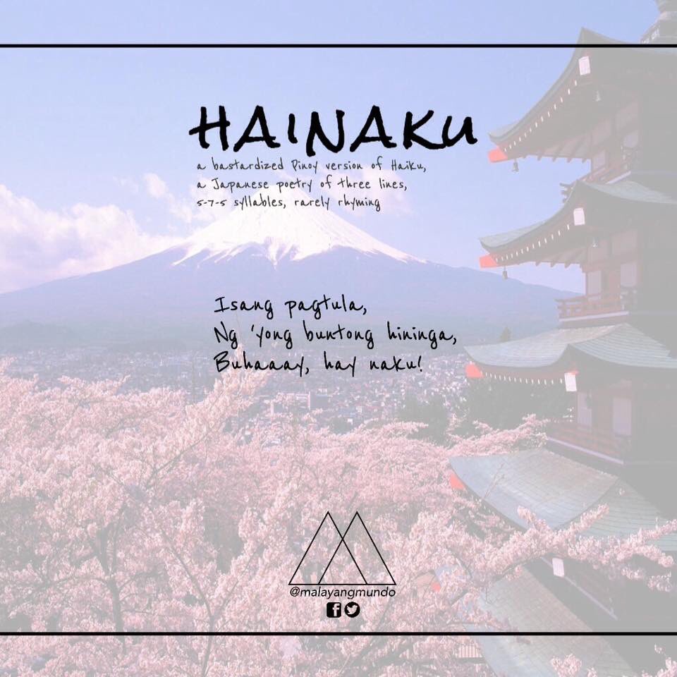 MalayangMundo's tweet photo. Malayang Mundo presents HAINAKU, a bastardized Pinoy version of Haiku ⛩ [a thread]

We accept submissions thru FB page, Malayang Mundo! 🍂 https://t.co/MYLYLweNQf
