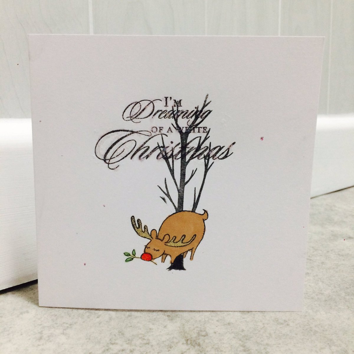 cardcreativity's tweet image. Another *I'm dreaming of a white Christmas* card. Beautiful reindeer on the front with a red sparkly nose👃🔴