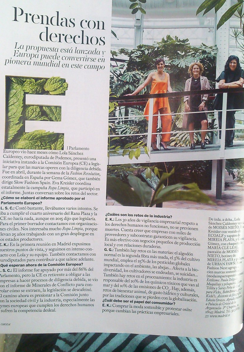 CRLSETEM's tweet photo. #Moda con derechos. Nuestra coordinadora Eva Kreisler, junto a @LolaPodemosEu y @GemaGomezSFN hoy en @smoda de @elpais_espana. #ropalimpia https://t.co/NePlKBLJey
