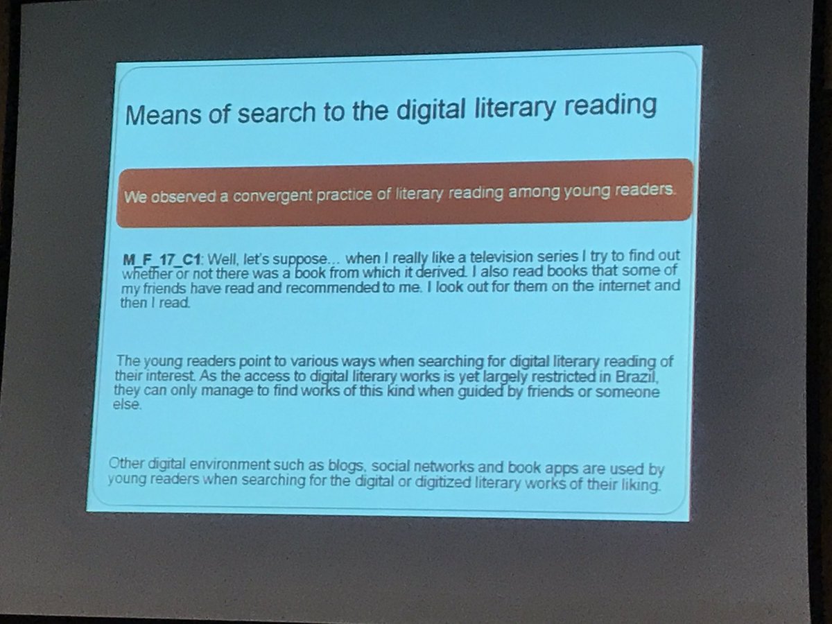 hkoenitz's tweet photo. #elo17 #elo2017 Monica Daisy Vieira Araújo reports on a study of Digital Literary Reading Experiences by Young Readers https://t.co/cFsvlQHljm