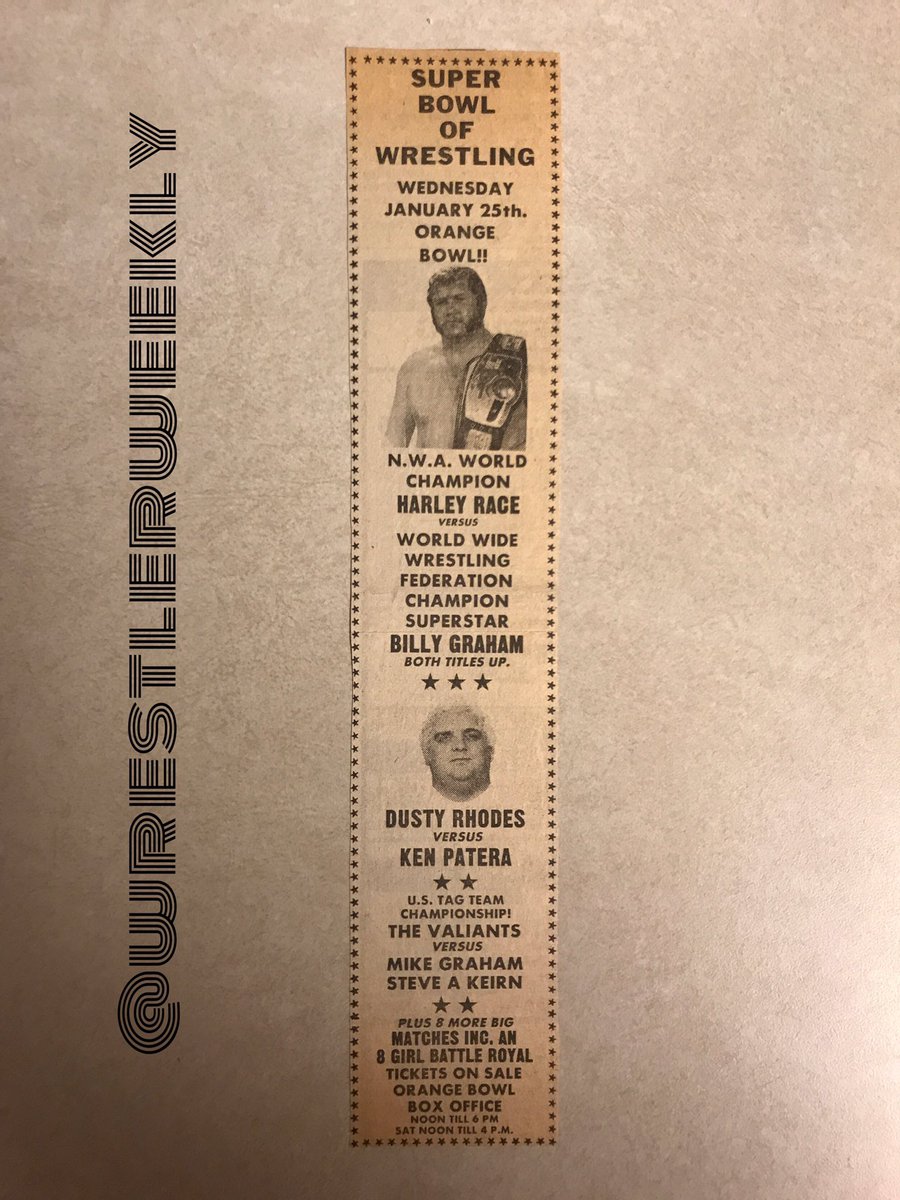 wrestlerweekly's tweet photo. WRESTLER WEEKLY PRESENTS some Favorite items for #wwShowOffSaturday SUPERBOWL OF WRESTLING January 25 1978 RARE TICKET/NEWSPAPER Race Graham https://t.co/wC4Z7xRLyW