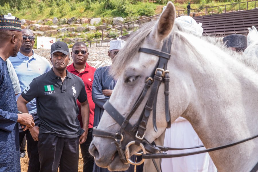 NGRPresident's tweet photo. Acting President @ProfOsinbajo today visited 12-12 Polo and Turf Club in Abuja. He named the red-clothed horse "Alala", meaning "dreamer" https://t.co/eAf1OtdyY2