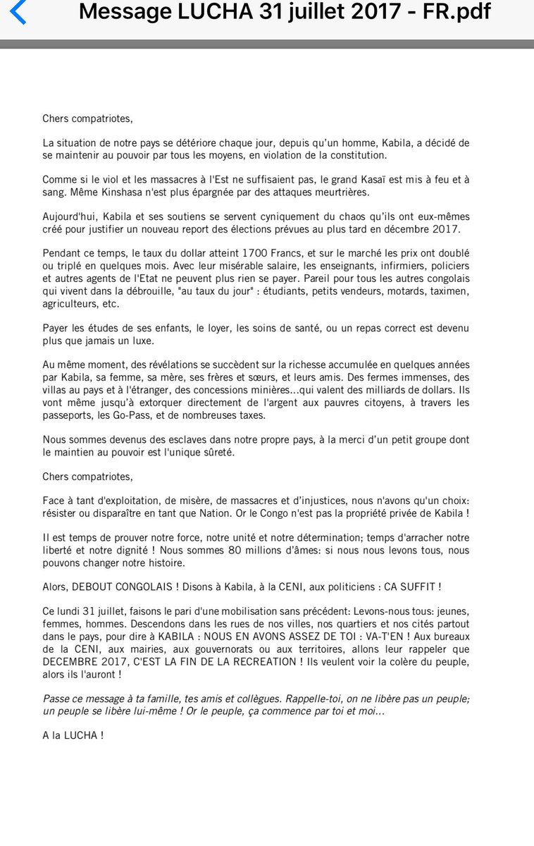 #DeboutCongolais ! #Telema ! Le pourquoi et le comment de la grande mobilisation citoyenne de lundi 31 juillet 2017. Passez le message !