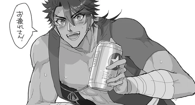 お疲れのさにわにビールを提供してくれる吉行くん 