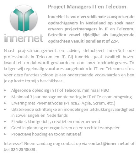 InnerNetBV's tweet photo. Voor diverse aansprekende opdrachtgevers zijn wij op zoek naar ervaren #projectmanagers met ervaring en #Telecom of #IT. #zzp @InnerNetJobs https://t.co/btMrv3aWRA