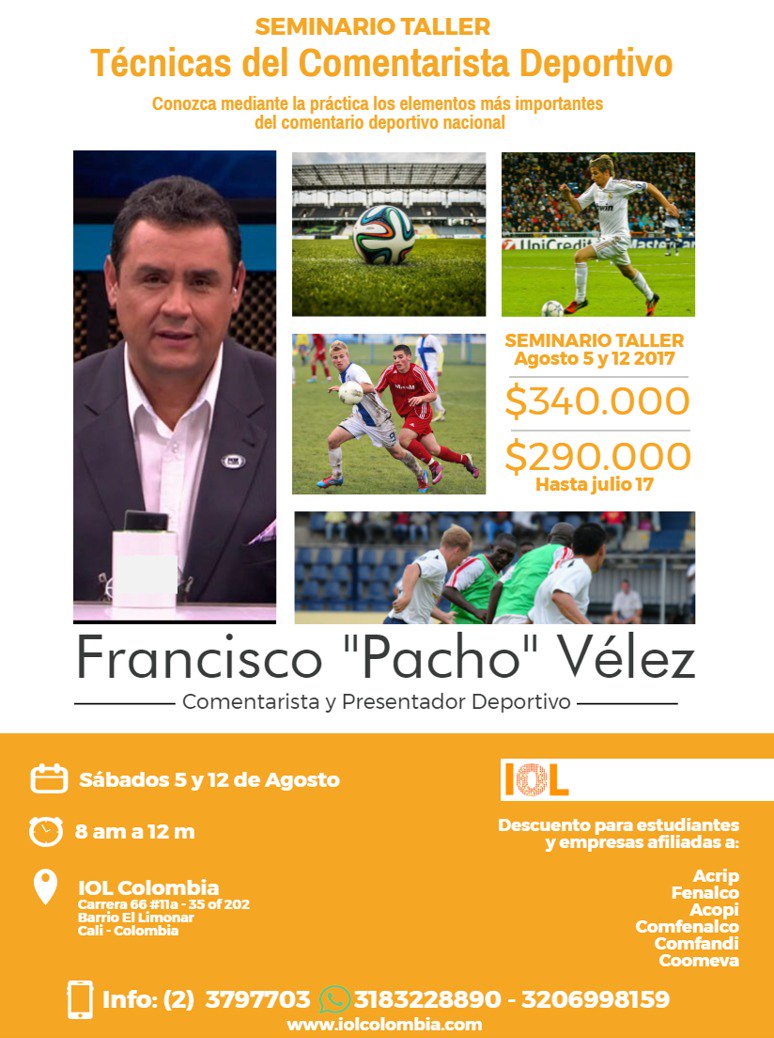 IOLColombia's tweet photo. Asiste al Seminario Taller "Técnicas del Comentarista Deportivo" con @Pachovelez10. 
Info:.https://t.co/4I9J1j26PQ   #VamosEscarabajos https://t.co/nZNmsio2A1