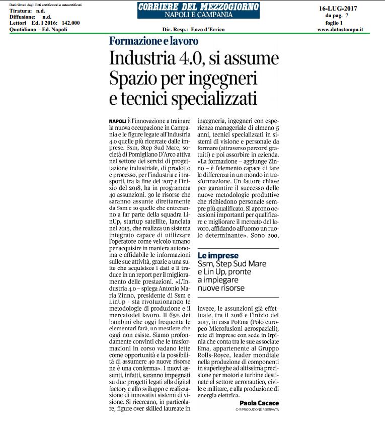 Sono 40 le assunzioni tra la fine di quest’anno e l’inizio del 2018,30 per SSM e 10 per <a href="/linup_it/">linup</a>.Le risorse lavoreranno su INDUSTRY4.0