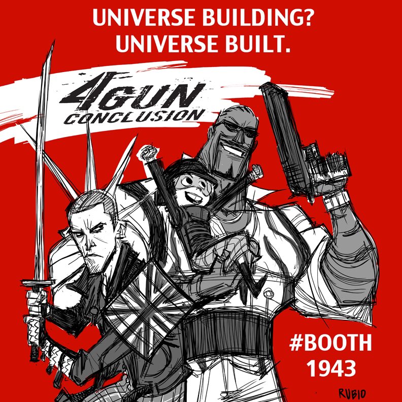 Bobby_Rubio's tweet photo. Universe building? Universe BUILT.
It's fun and a lot of work, promoting my #CreatorOwnedComic #4GunConclusion @ #Booth1943 #SDCC2017 https://t.co/ajZ0Wxacj9