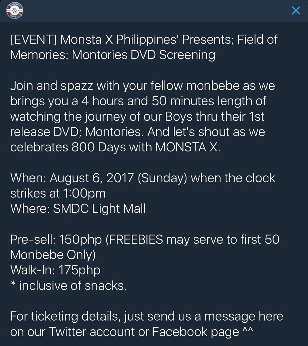 MonstaX_PH's tweet photo. [EVENT] Monsta X Philippines' Presents; Field of Memories: Montories DVD Screening

EVENT PAGE: https://t.co/CljWjS3umx

#800DAYSwithMONSTAX https://t.co/FL6vNuKVx9