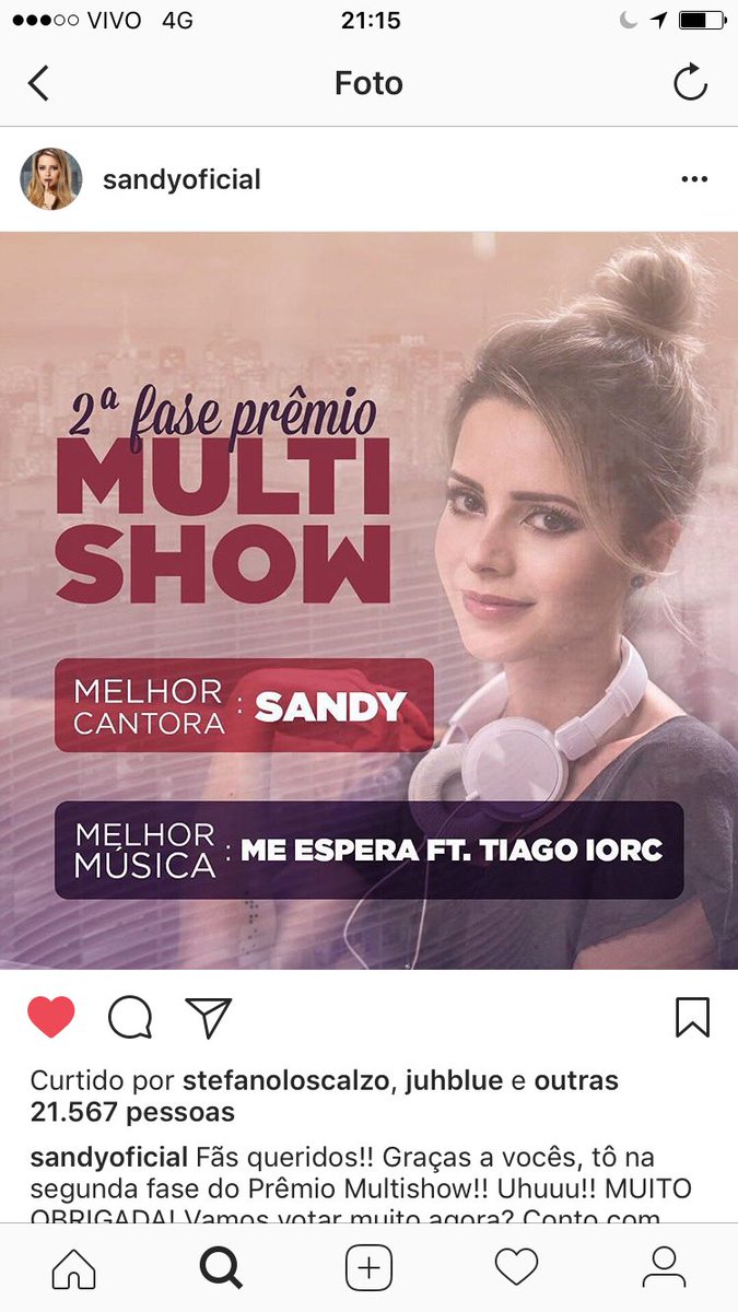 Música linda,cantora linda,voz linda!Que fase!Bora votar que ela merece né gente 💕 #sandy #melhorcantora #melhormusica #premiomultishow2017