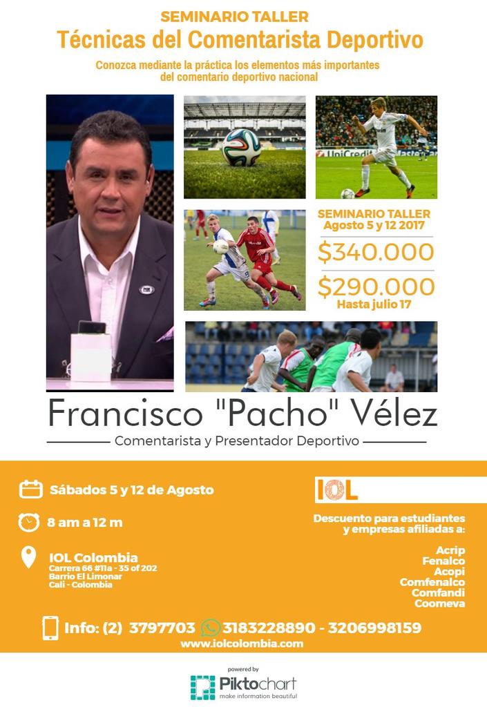 IOLColombia's tweet photo. Asiste al Seminario Taller "Técnicas del Comentarista Deportivo" con @Pachovelez10. 
Info:.https://t.co/4I9J1j26PQ #VamosRigoneitor https://t.co/LqKVIJf4Uh