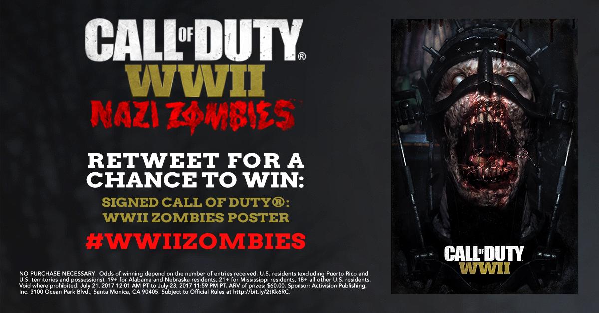 CallofDuty's tweet photo. RT for a chance to win a #WWIIZombies poster signed by @SHGames! Rules: https://t.co/6NesSe12hV  
Watch the trailer: https://t.co/eLU9UyWfnW https://t.co/vgDp8YDXrY