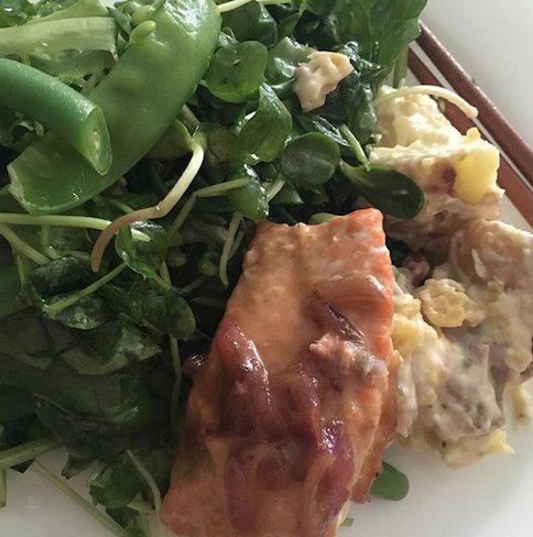 Food goals right here: Soy Dijon Shallot glazed salmon w/ green bean snow peas, microgreens a lá us. We’ll take two, Golden Apron_debc