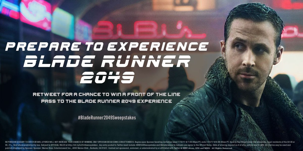 bladerunner's tweet photo. RT to win a front of the line pass for the #BladeRunner2049 Experience at #SDCC! #BladeRunner2049Sweepstakes Rules: https://t.co/n0kGdhNM68 https://t.co/lsfhja9MWx