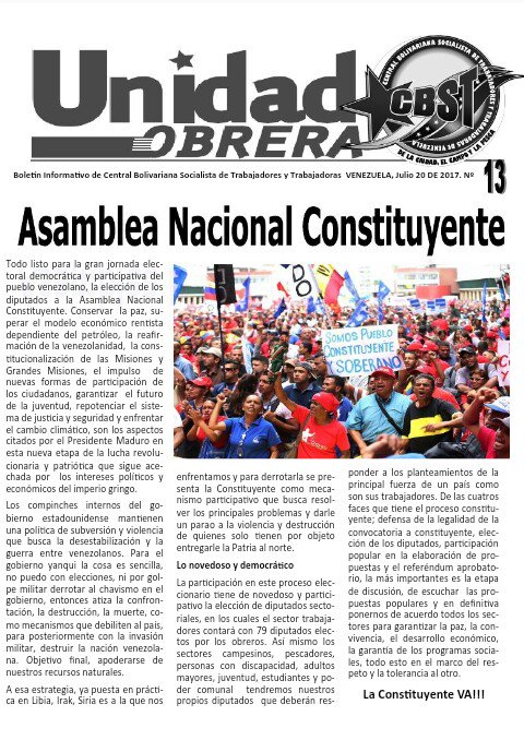 cbolivariana's tweet photo. Pdte @NicolasMaduro los trabajadores estamos resteados con la Constituyente y la Patria socialista, manténgase firme! 
#VenezuelaVotaEn8Días https://t.co/jfu6DFdXeu