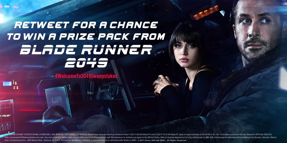 bladerunner's tweet photo. Retweet for a chance to win an exclusive #BladeRunner2049 prize pack. #RoadTo2049Sweepstakes #SDCC Official rules: https://t.co/jamNKWOUCX https://t.co/H561WlcKMp