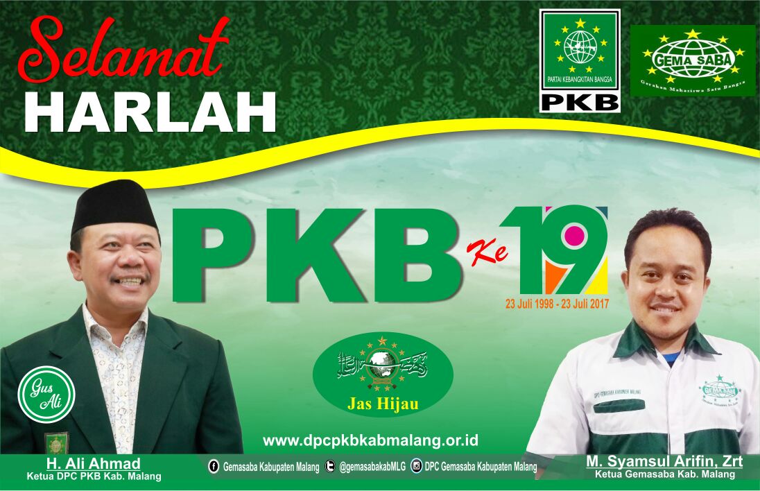 #Harlah19PKB <a href="/Gemasaba_Jatim/">Gemasaba</a> <a href="/halimiskandarnu/">ABDUL HALIM ISKANDAR</a> <a href="/cakiminpkb/">Cak Imin</a> <a href="/DPP_PKB/">DPP PKB</a> <a href="/DPN_GEMASABA/">DPN GEMASABA</a> <a href="/misbahul_amien/">misbahul amien</a> <a href="/MusliminZain/">muslimin zain</a> <a href="/dpwpkbjatim/">DPW PKB JAWA TIMUR</a>