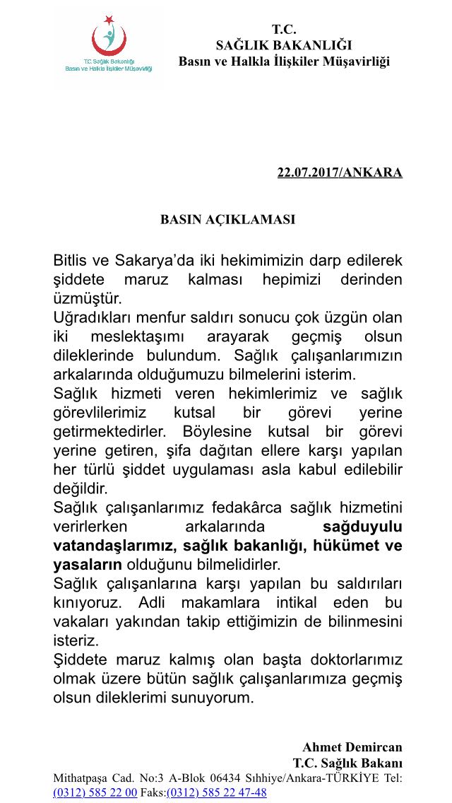 Dr_Demircan's tweet photo. Bitlis ve Sakarya’da iki hekimimizin darp edilerek şiddete maruz kalması hepimizi derinden üzmüştür.

Uğradıkları menfur saldırı.... https://t.co/Bct6s9dW04