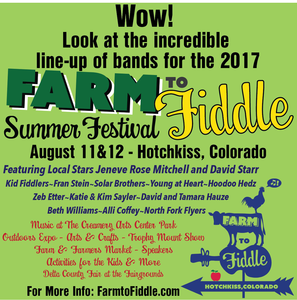 farmtofiddle's tweet photo. The annual Farm to Fiddle Summer Festival is about 3 weeks from now in Hotchkiss, Colorado. We have 14 bands August 11 &amp; 12, 2017! https://t.co/kofD6sgSqx