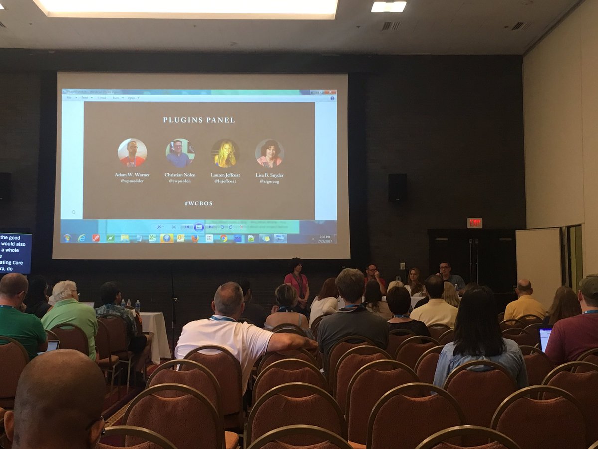 CalderaWP's tweet image. Listening in on the plugin panel at #WCBOS. Thanks for the love for @calderaforms, @lujeffcoat! We ❤️ you.