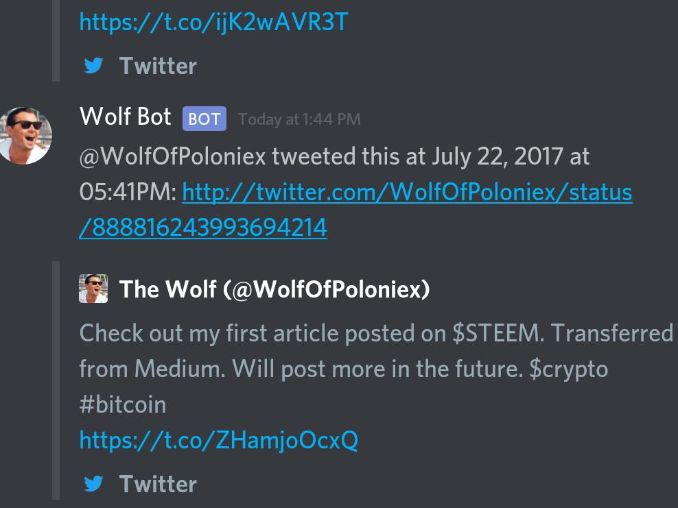 augustjamesd's tweet photo. Shout-out to @dmitriy_or_dima for creating this #WolfBot for our #CoinSheet Discord Server. You the man @WolfOfPoloniex 🤜📊📈 https://t.co/ysfrfwLTT2