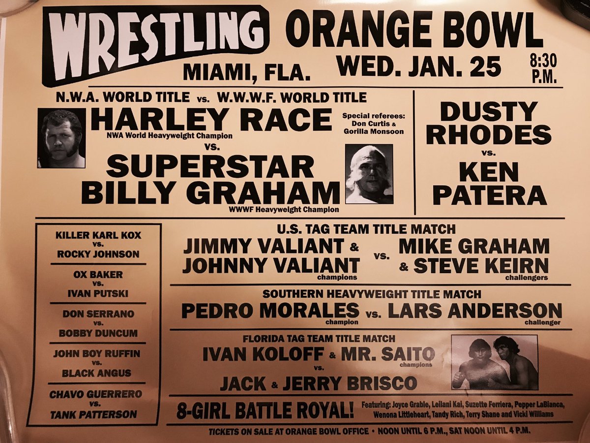 wrestlerweekly's tweet photo. JULY WRESTLER WEEKLY PRESENTS #wwPosters Showcasing Wrestling Posters SUPERBOWL OF WRESTLING January 25 1978 Miami Orange Bowl Race v Graham https://t.co/BzOdarOoeL