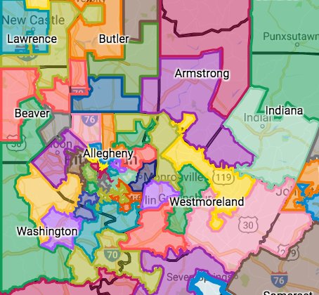 FairDistrictsPA's tweet photo. We hear a lot about #Gerrymandering of Congressional Districts - but take a look at House Districts in western PA. Seriously? #KnowYourMaps https://t.co/m0SaY4NJVE
