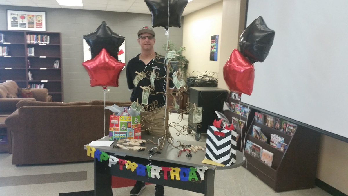 CWinningham1972's tweet photo. This "Young Man" turned 50 on the 18th..come by school library today for 2-4pm to wish him a Happy Birthday..Thank you Kelly DeJean! #KellyD https://t.co/5ZLhhMBwFF