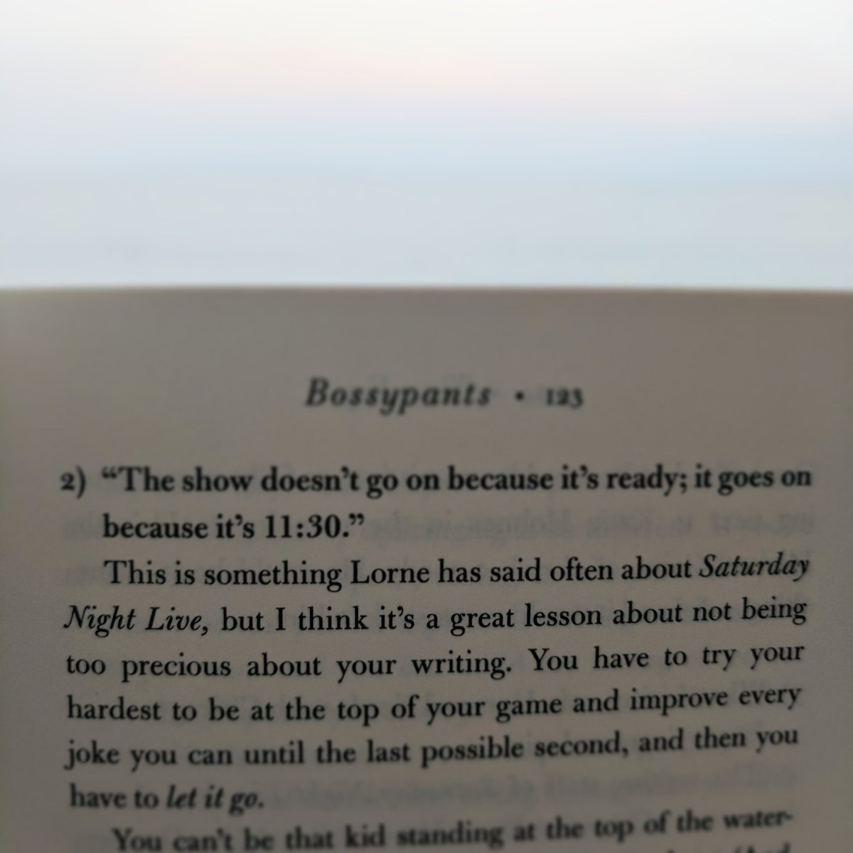 lua_cortes's tweet photo. The show (#SNL) doesn't go on because it's ready; it goes on because it's 11:30 #LorneMichaels by #TinaFey in #Bossypants #doneisbetter https://t.co/AsTWn8OwAX