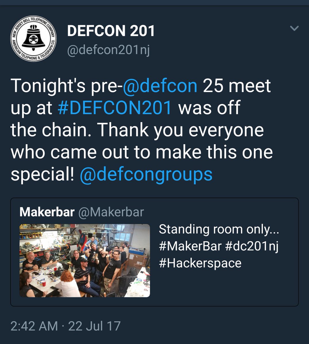 Makerbar's tweet photo. Shoutout to the whole #Defcon201nj gang!  Thankyou so much for your continued love and support! Be safe if your taveling to #defcon25 ENJOY! https://t.co/raVNNRVmXU