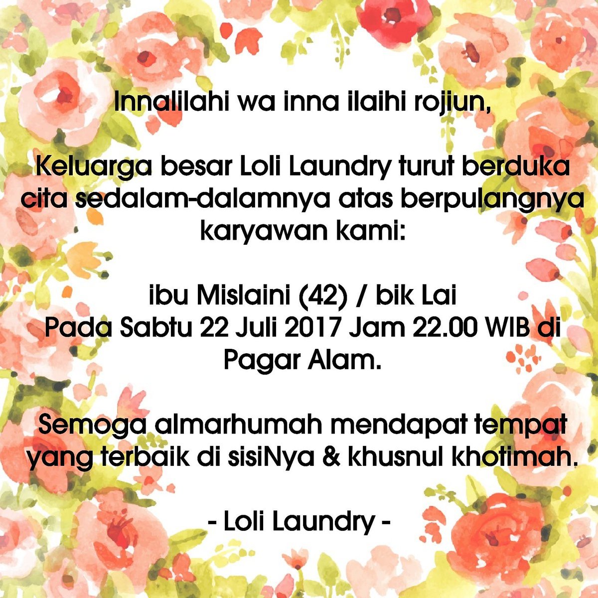 LolifreshLoli's tweet photo. Slmt jalan bik, trims unt kebersamaan selama ini, maaf atas segala kesalahan &amp; kekhilafan #laundry #binatu #pagaralam #beritaduka #dukacita https://t.co/zIUWtIPFXO