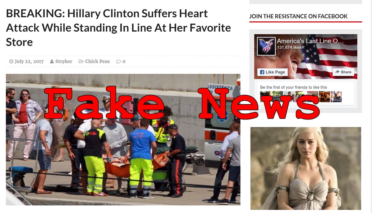 LeadStoriesCom's tweet photo. Fake News: Hillary Clinton Did NOT Suffer Third Heart Attack Standing In Line At Favorite Store
https://t.co/Aj8rtwRwgf
#hoax #fakenews https://t.co/ACpyK0lNX1
